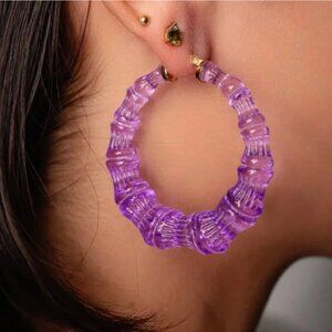 Gold & Honey lucite bamboo hoop earrings in purple nickel-free